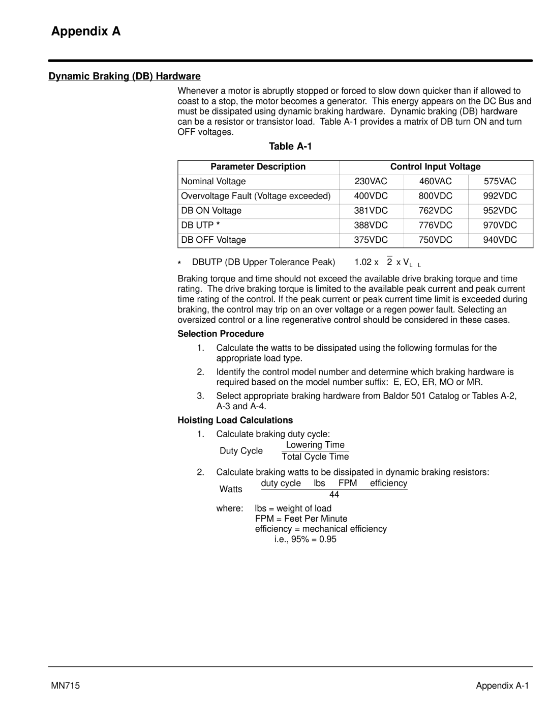 Baldor 15H manual Dynamic Braking DB Hardware, Table A-1, Parameter Description Control Input Voltage, Selection Procedure 