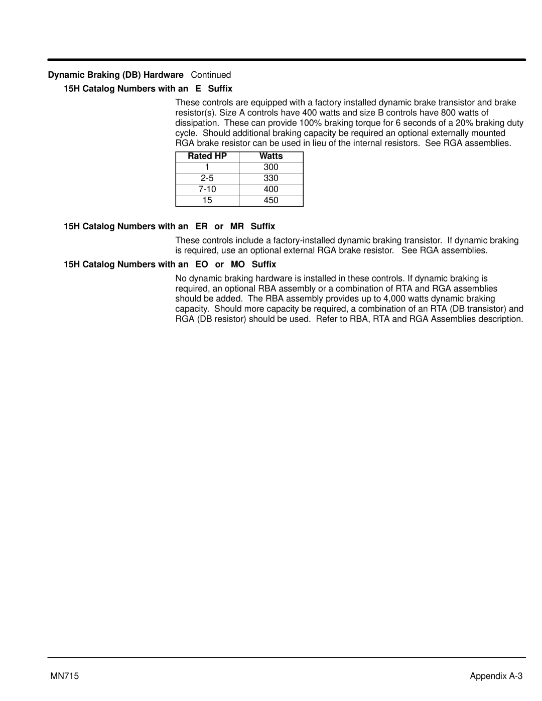 Baldor manual Rated HP Watts, 15H Catalog Numbers with an ER or MR Suffix, 15H Catalog Numbers with an EO or MO Suffix 