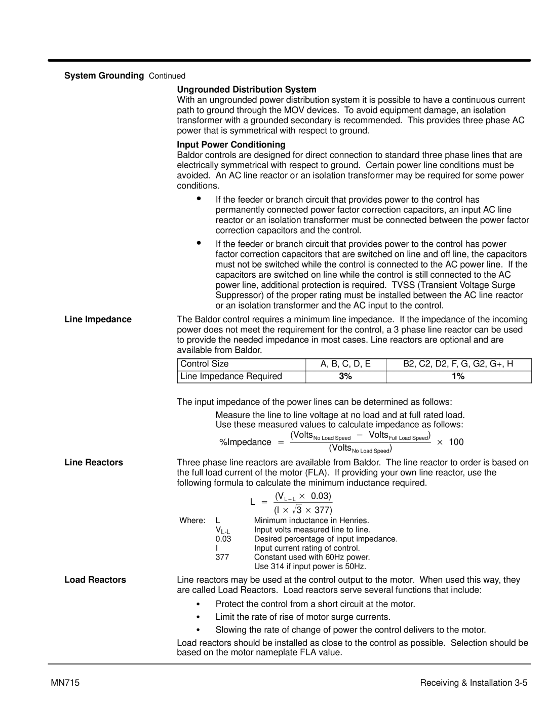 Baldor 15H manual System Grounding Ungrounded Distribution System, Input Power Conditioning, Line Impedance, Line Reactors 