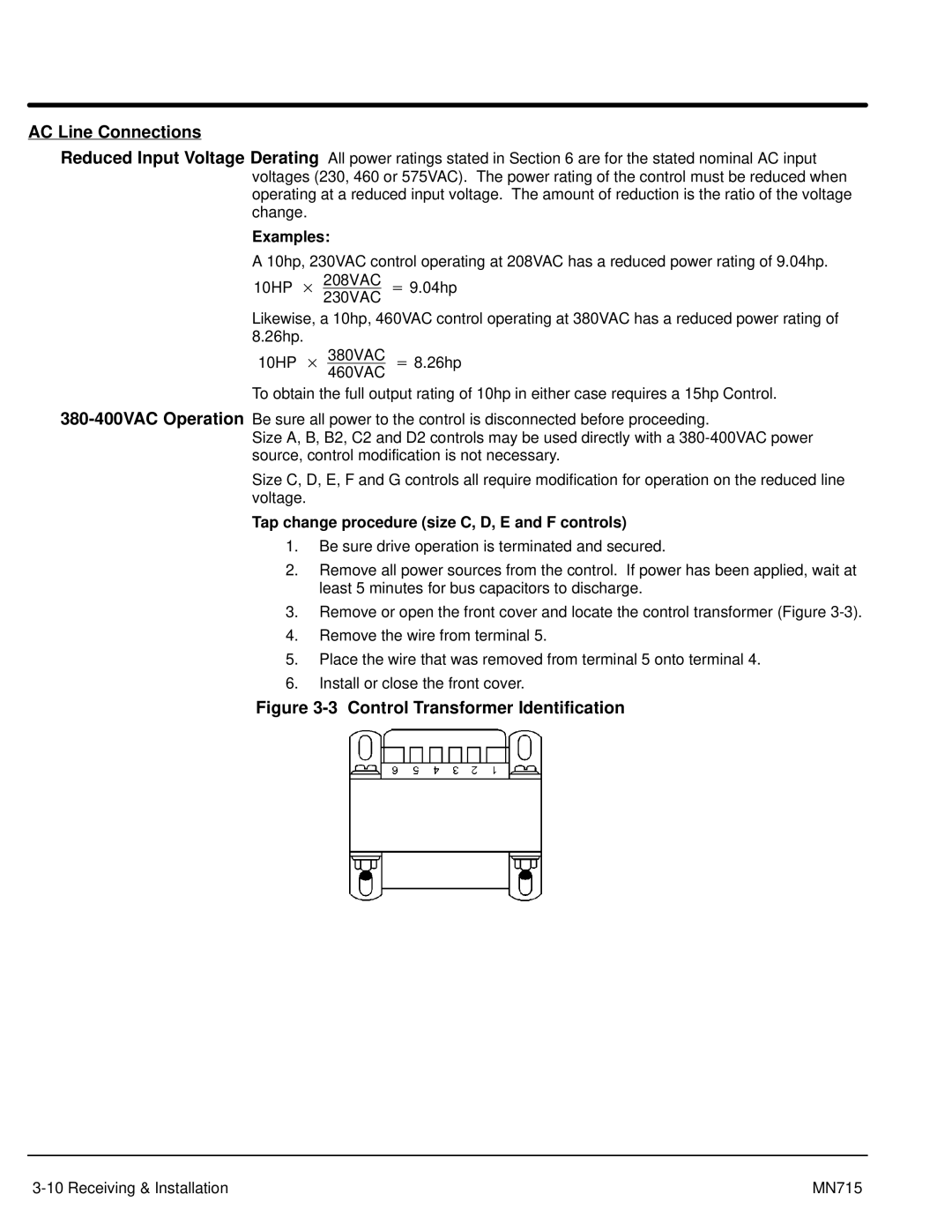 Baldor Inverter Control, 15H manual AC Line Connections, Examples, Tap change procedure size C, D, E and F controls 