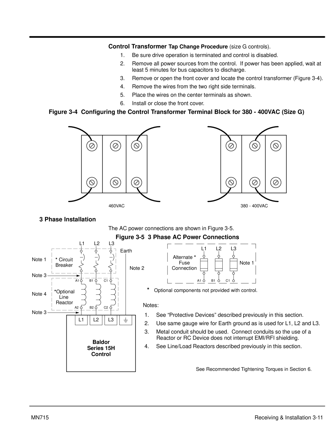 Baldor manual Phase Installation, Control Transformer Tap Change Procedure size G controls, Baldor Series 15H Control 