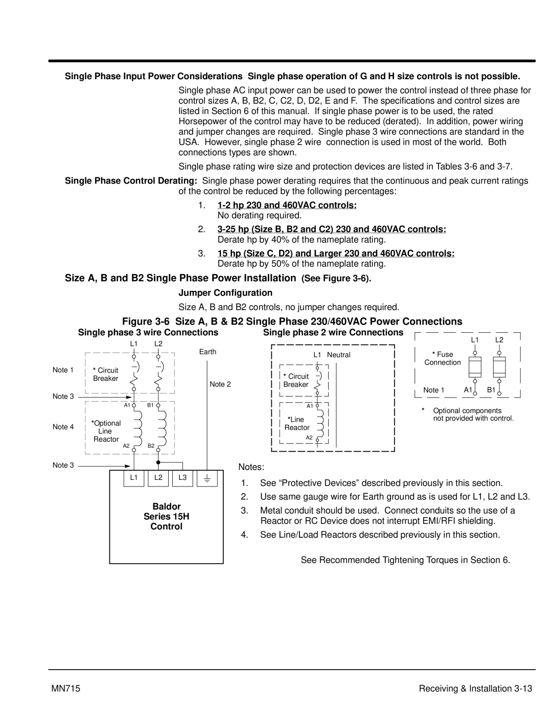 Baldor 15H, Inverter Control manual Size A, B and B2 Single Phase Power Installation See Figure, Jumper Configuration 