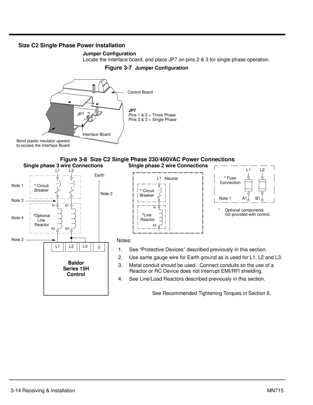 Baldor Inverter Control, 15H manual Size C2 Single Phase Power Installation, Single phase 3 wire Connections 