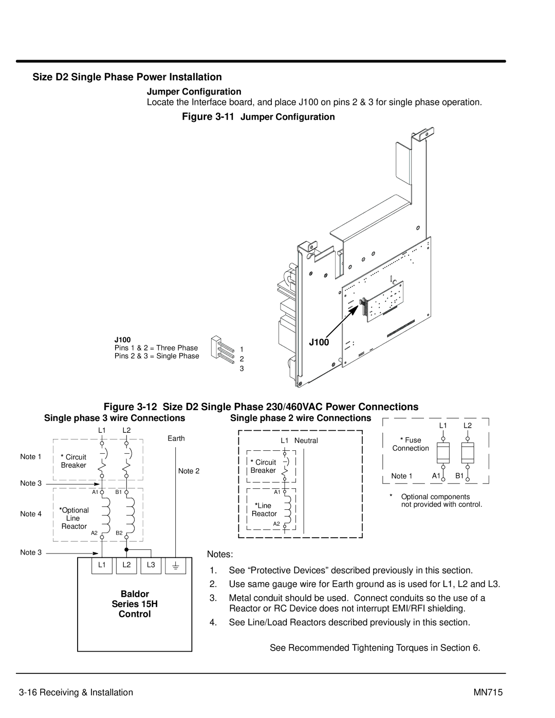 Baldor Inverter Control, 15H manual Size D2 Single Phase Power Installation, J100 