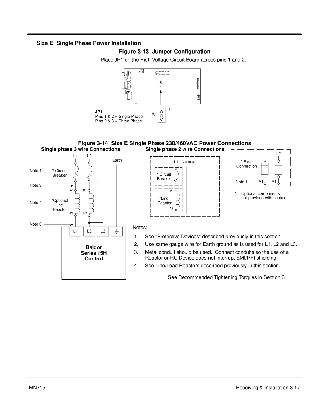 Baldor manual Size E Single Phase Power Installation, Baldor Series 15H Control Single phase 2 wire Connections 