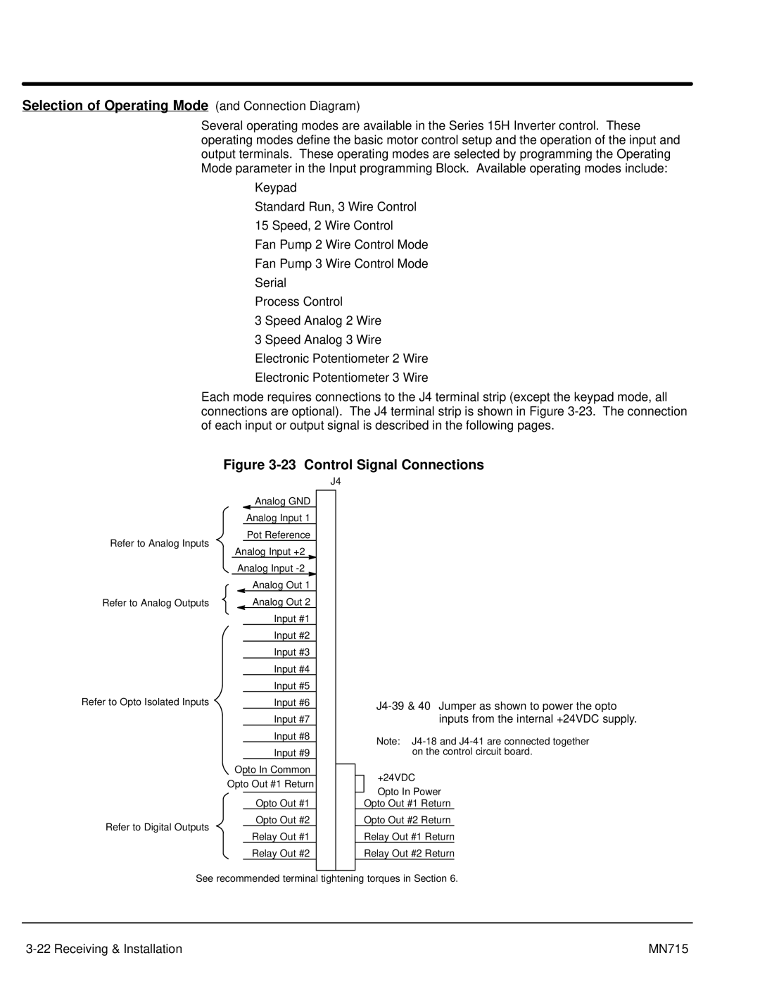 Baldor Inverter Control, 15H manual Selection of Operating Mode and Connection Diagram, Control Signal Connections 