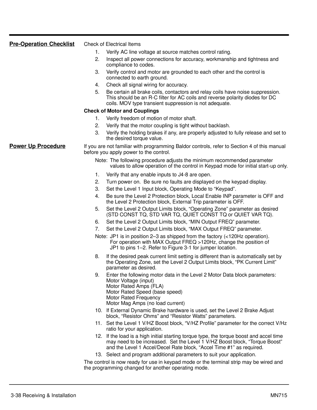 Baldor Inverter Control, 15H manual Pre-Operation Checklist, Check of Electrical Items, Check of Motor and Couplings 