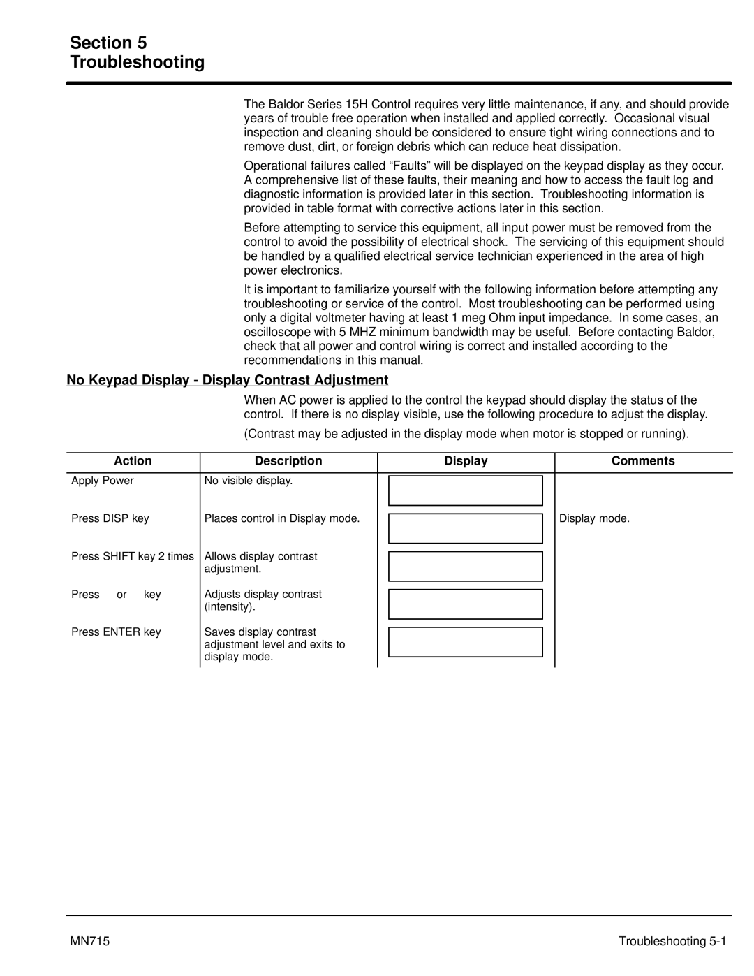 Baldor 15H, Inverter Control manual Section Troubleshooting, No Keypad Display Display Contrast Adjustment 