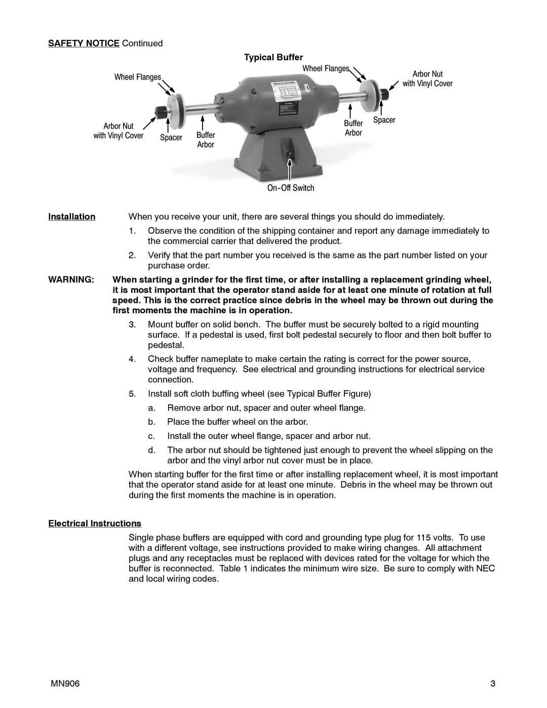 Baldor 280F instruction manual Safety Notice Typical Buffer, Installation, Electrical Instructions 