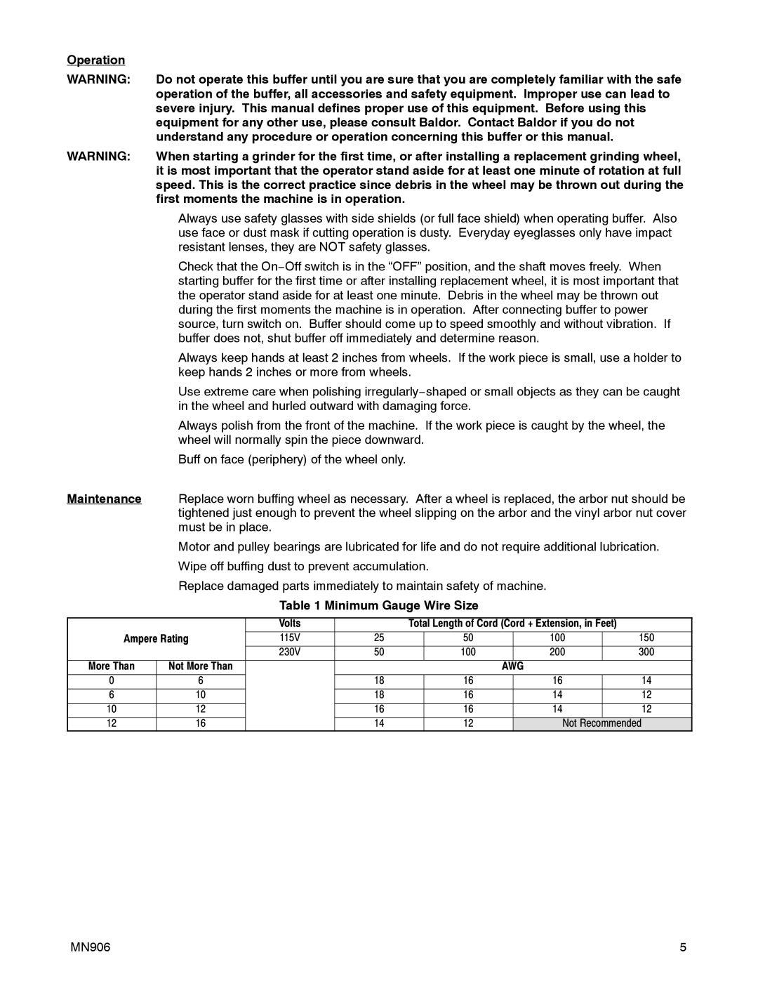 Baldor 280F instruction manual Maintenance, Minimum Gauge Wire Size 