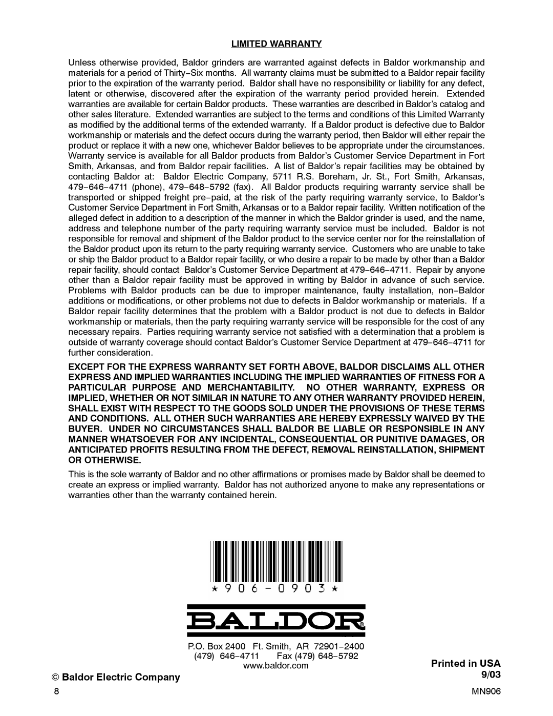 Baldor 280F instruction manual Limited Warranty 