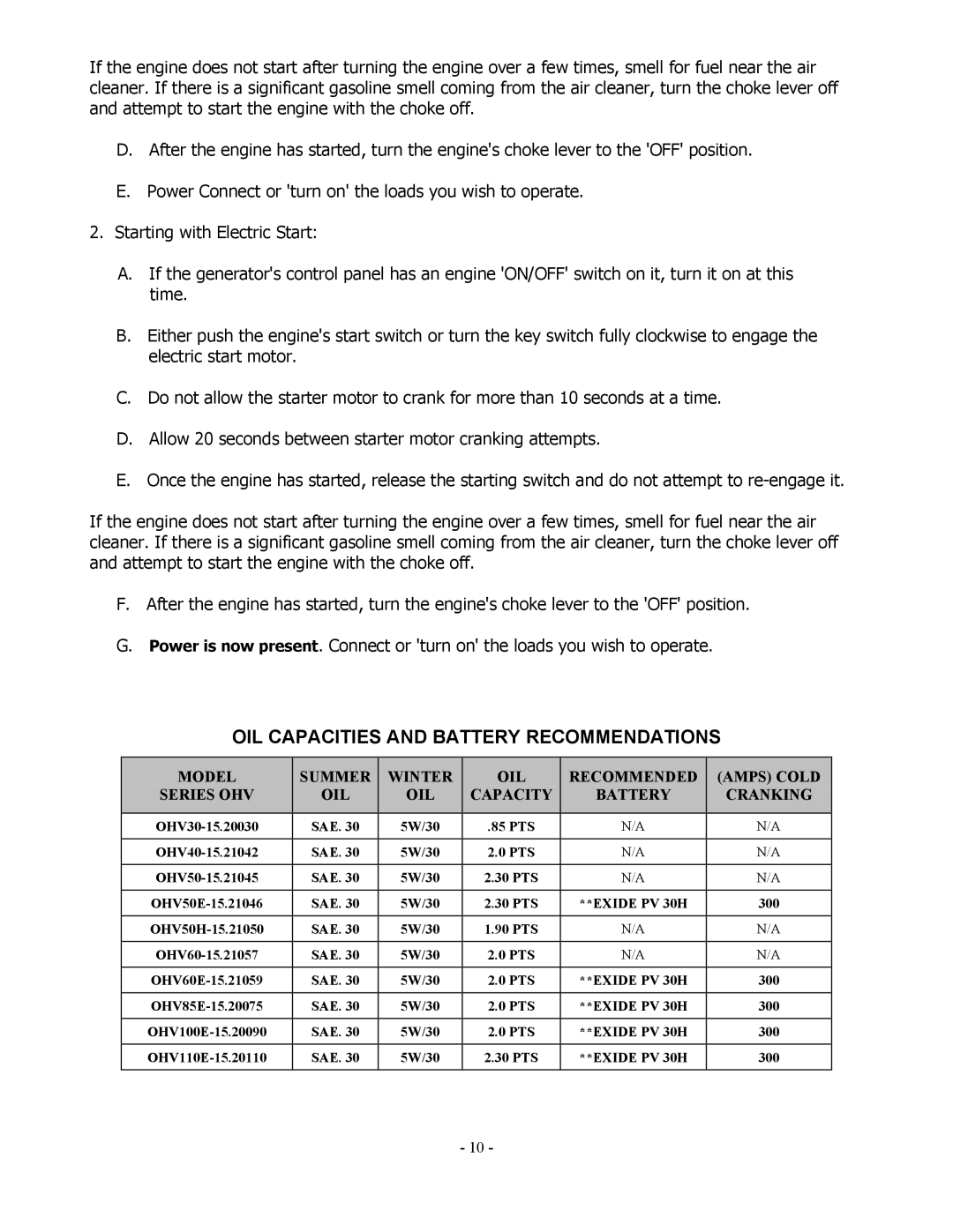 Baldor 3KW-9KW manual OIL Capacities and Battery Recommendations 