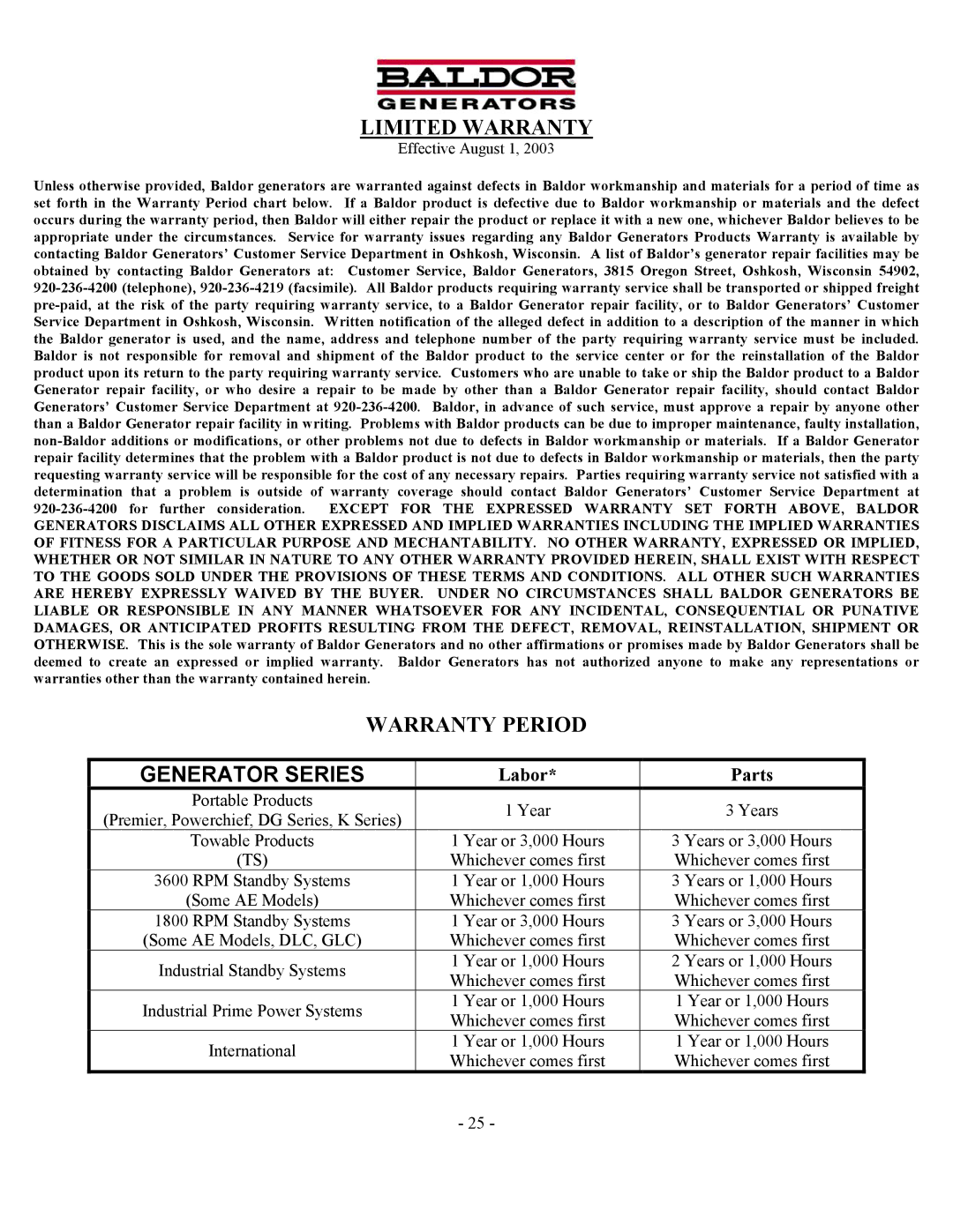 Baldor 3KW-9KW manual Generator Series 