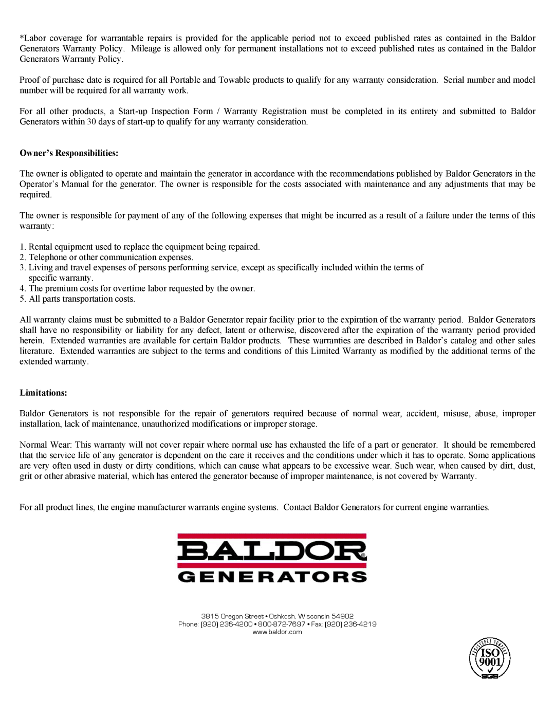 Baldor 3KW-9KW manual Owner’s Responsibilities 