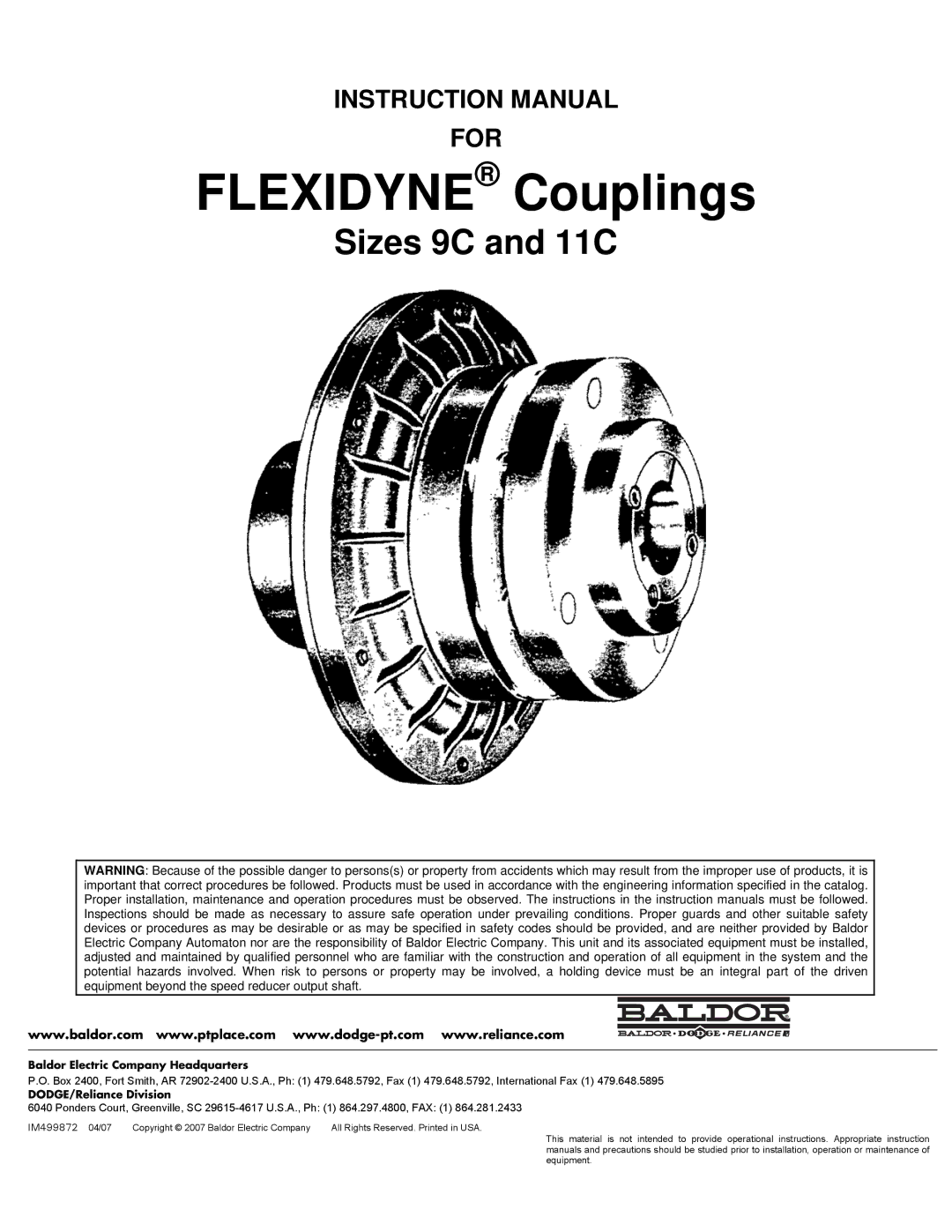 Baldor 11C, 9C instruction manual Flexidyne Couplings 