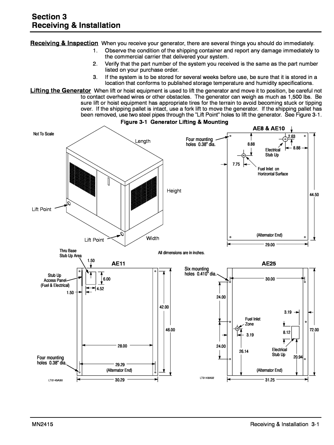 Baldor manual Section Receiving & Installation, 1 Generator Lifting & Mounting, AE8 & AE10, AE11, AE25 