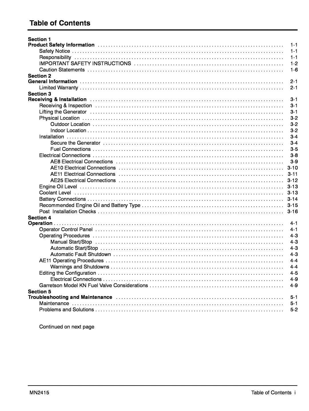 Baldor AE8, AE11, AE10, AE25 manual Table of Contents, Section 