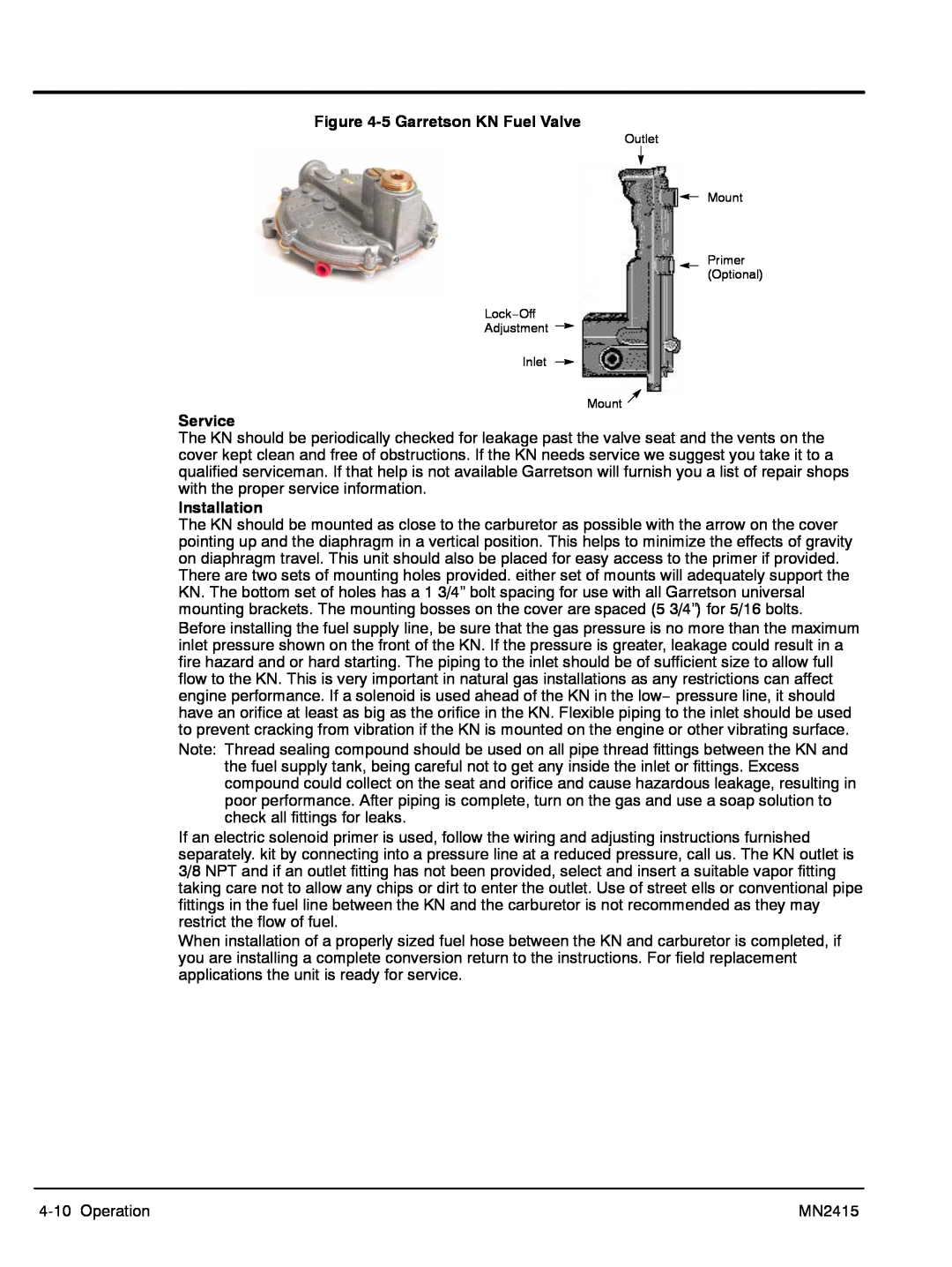 Baldor AE11 5 Garretson KN Fuel Valve, Service, Installation, Outlet Mount Primer Optional Lock−Off Adjustment Inlet Mount 