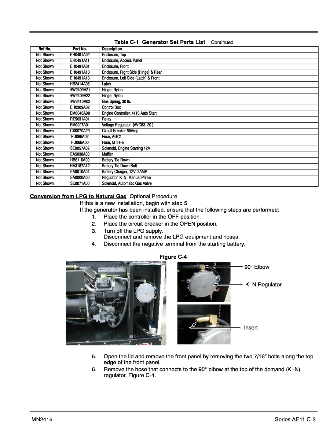 Baldor AE8 Table C-1 Generator Set Parts List Continued, Conversion from LPG to Natural Gas Optional Procedure, Figure C-4 