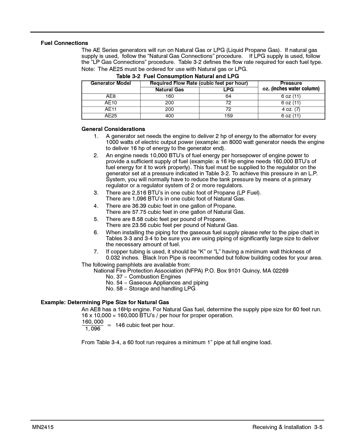 Baldor AE10, AE11, AE25, AE8 manual Fuel Connections, Fuel Consumption Natural and LPG, General Considerations 