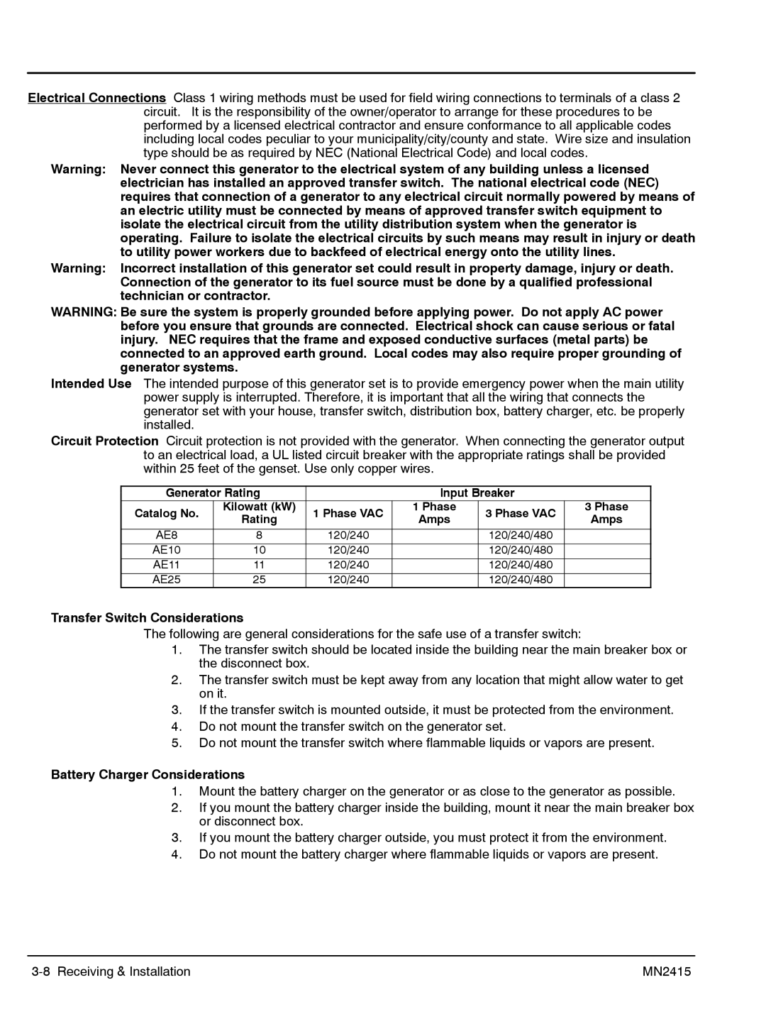 Baldor AE11, AE10, AE25, AE8 manual Transfer Switch Considerations, Battery Charger Considerations, Phase VAC Rating Amps 