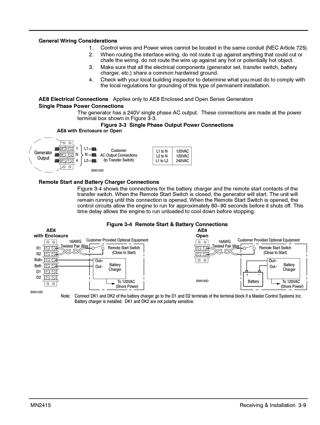 Baldor AE10 General Wiring Considerations, Single Phase Power Connections, Remote Start and Battery Charger Connections 