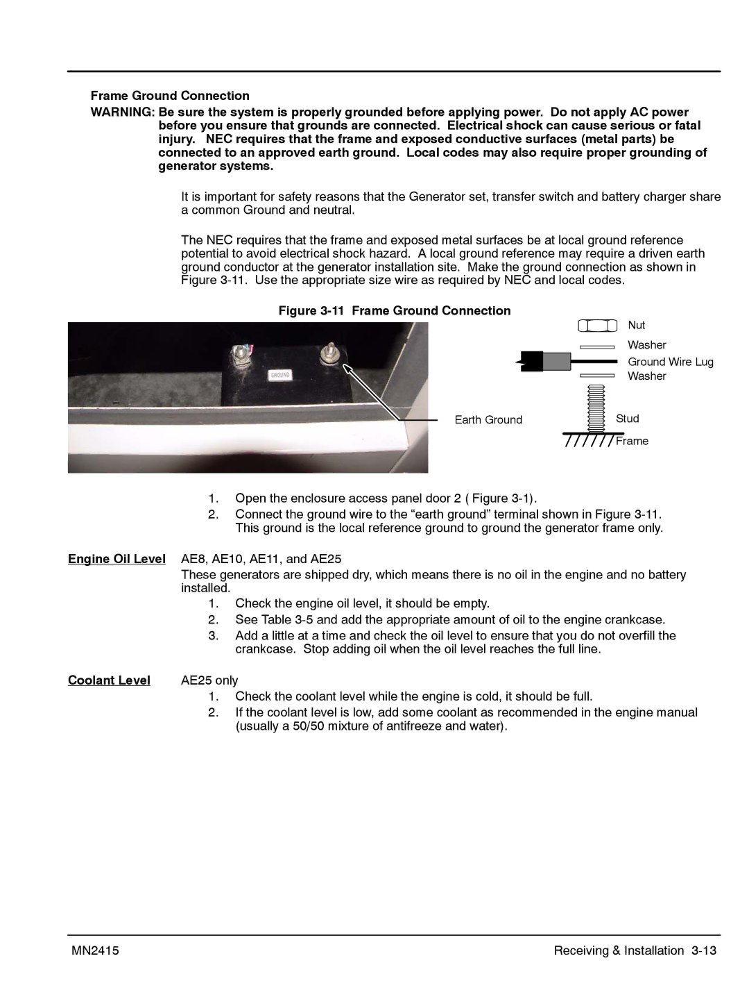 Baldor AE10, AE11, AE25, AE8 manual Frame Ground Connection, Coolant Level 