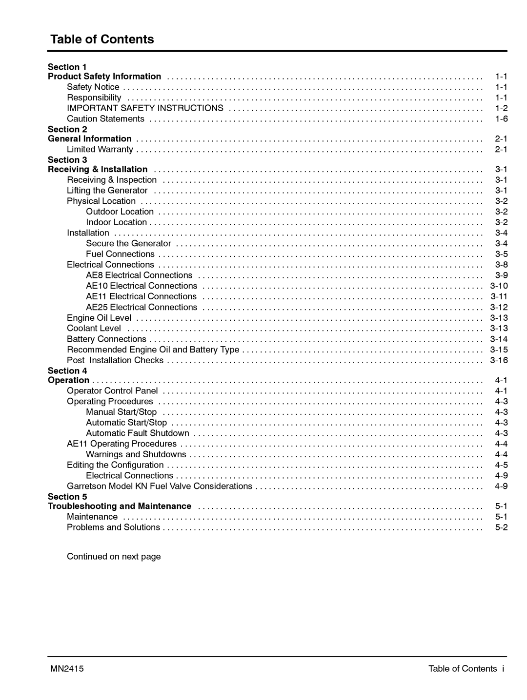 Baldor AE8, AE11, AE10, AE25 manual Table of Contents 