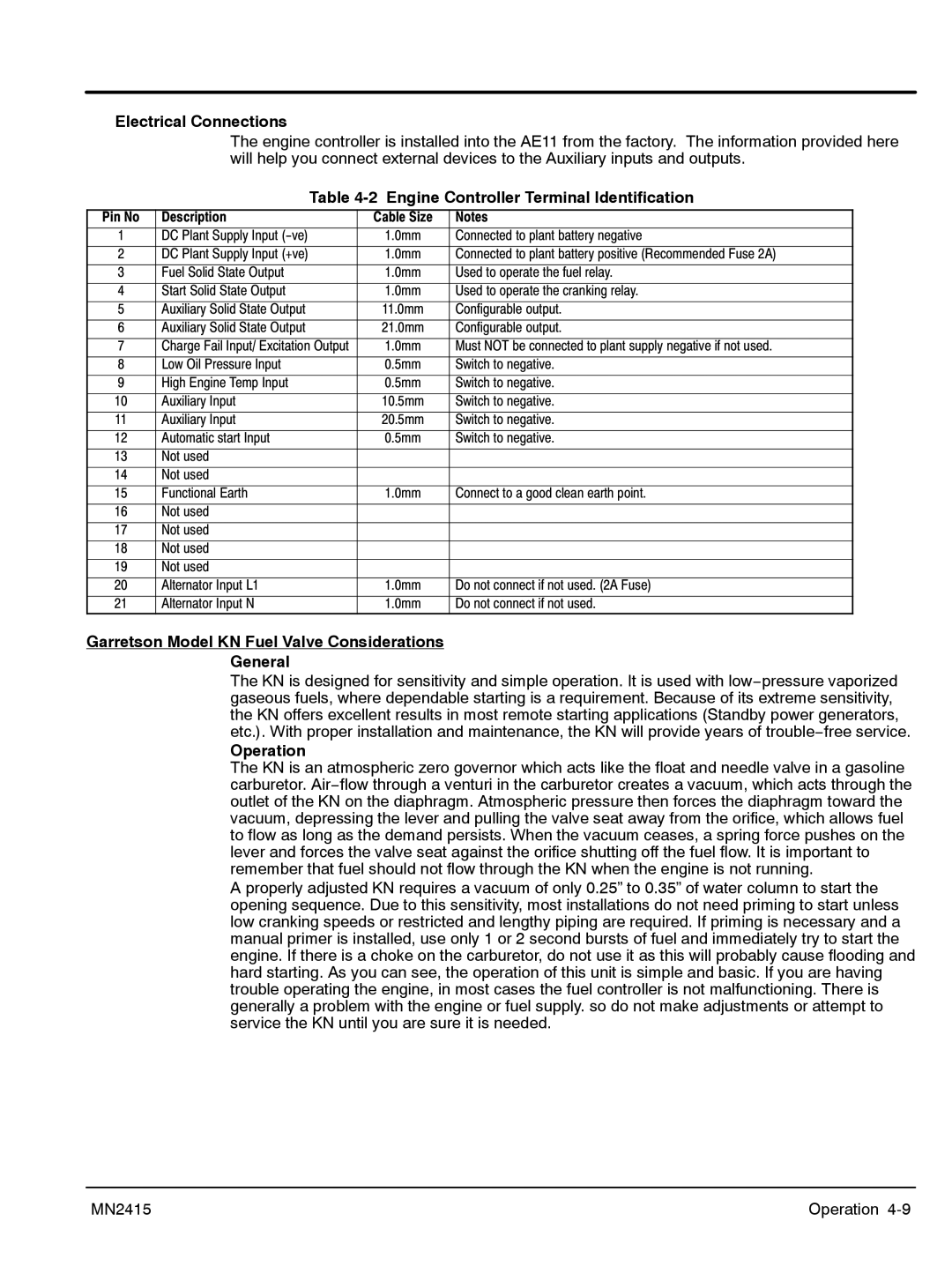 Baldor AE8, AE11, AE10, AE25 manual Electrical Connections, Engine Controller Terminal Identification 