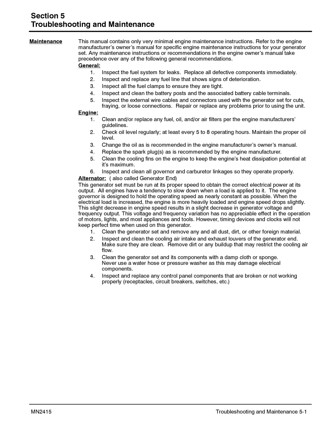 Baldor AE10, AE11, AE25, AE8 manual Section Troubleshooting and Maintenance, Engine 