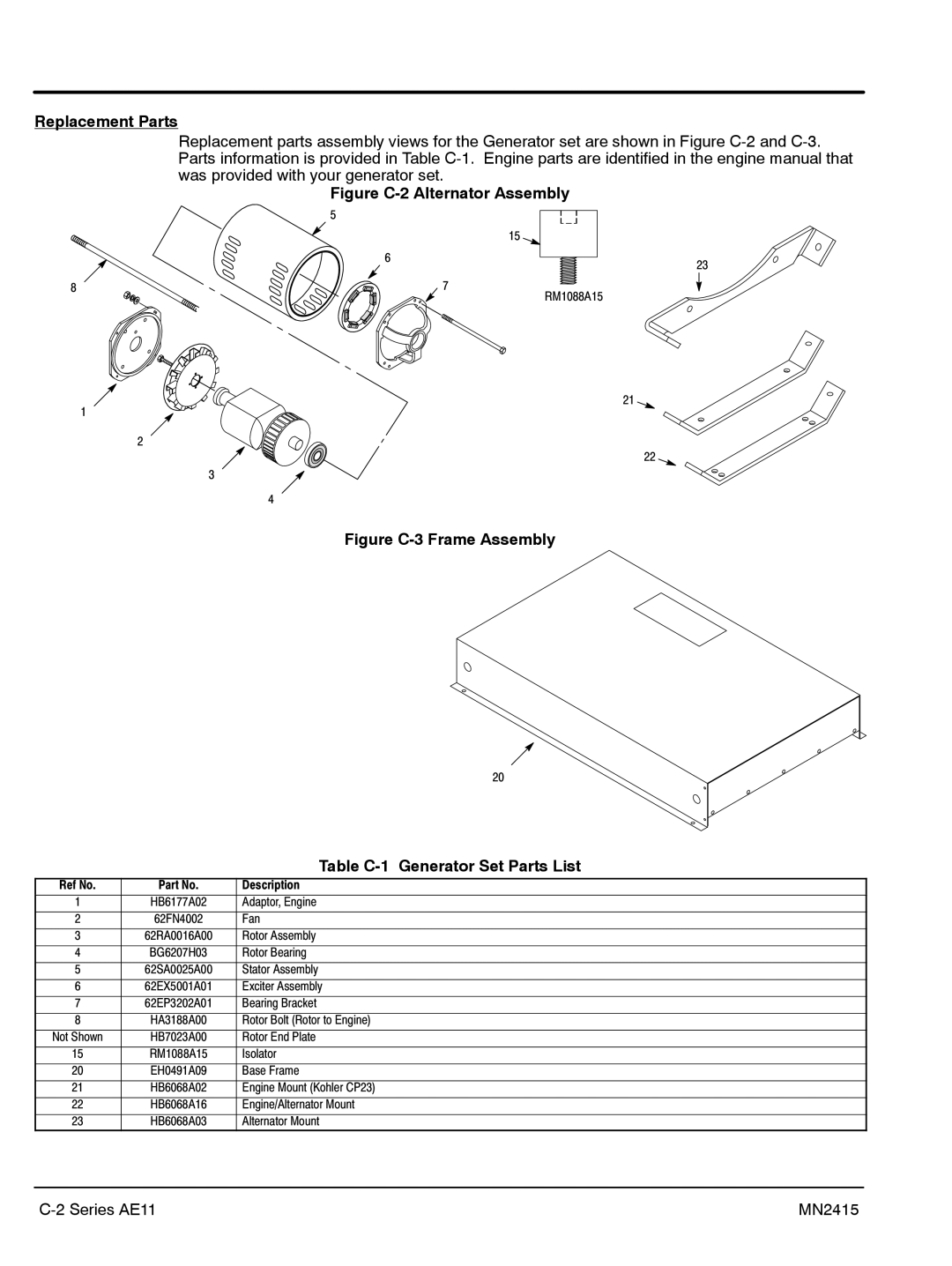 Baldor AE25, AE11, AE10, AE8 manual Replacement Parts, Figure C-2 Alternator Assembly 