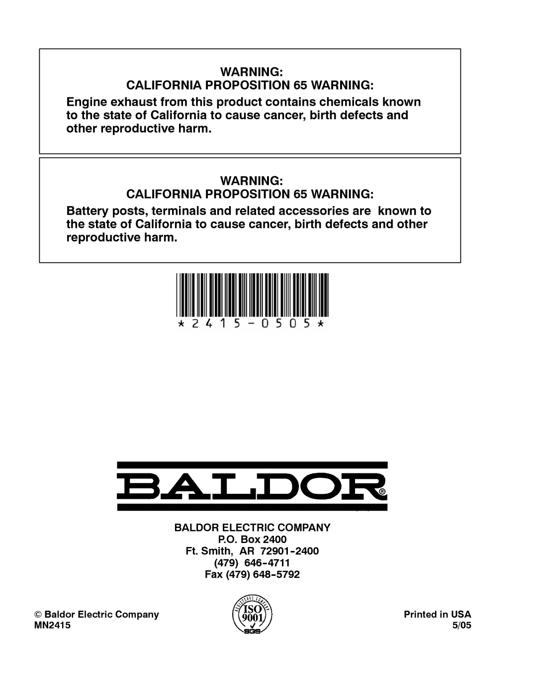 Baldor AE25, AE11, AE10, AE8 manual California Proposition 65 Warning 