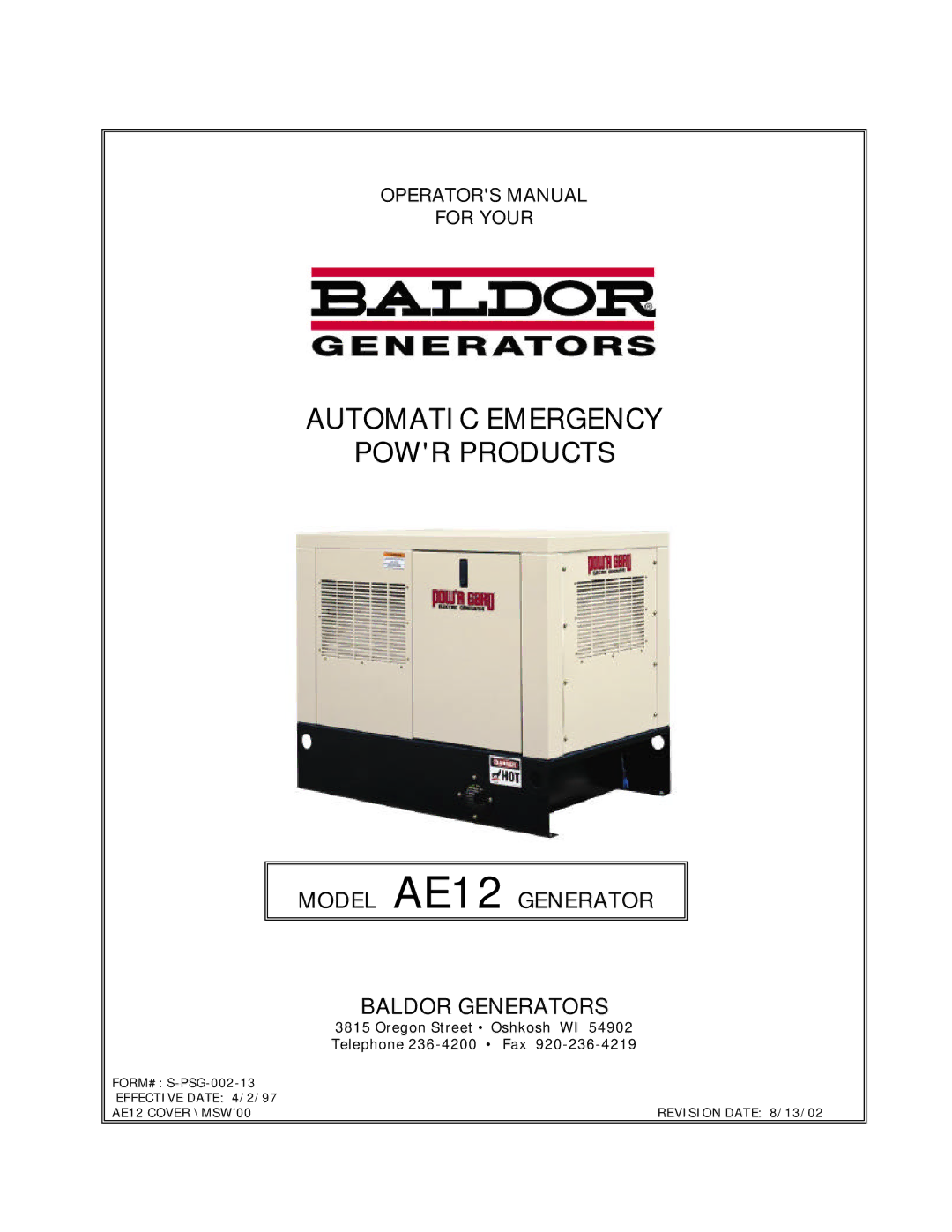 Baldor Automatic Emergency Pow'r Products manual Automatic Emergency Powr Products, Model AE12 Generator 