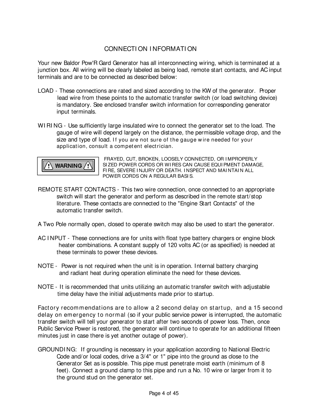 Baldor Automatic Emergency Pow'r Products, AE12 manual Connection Information 