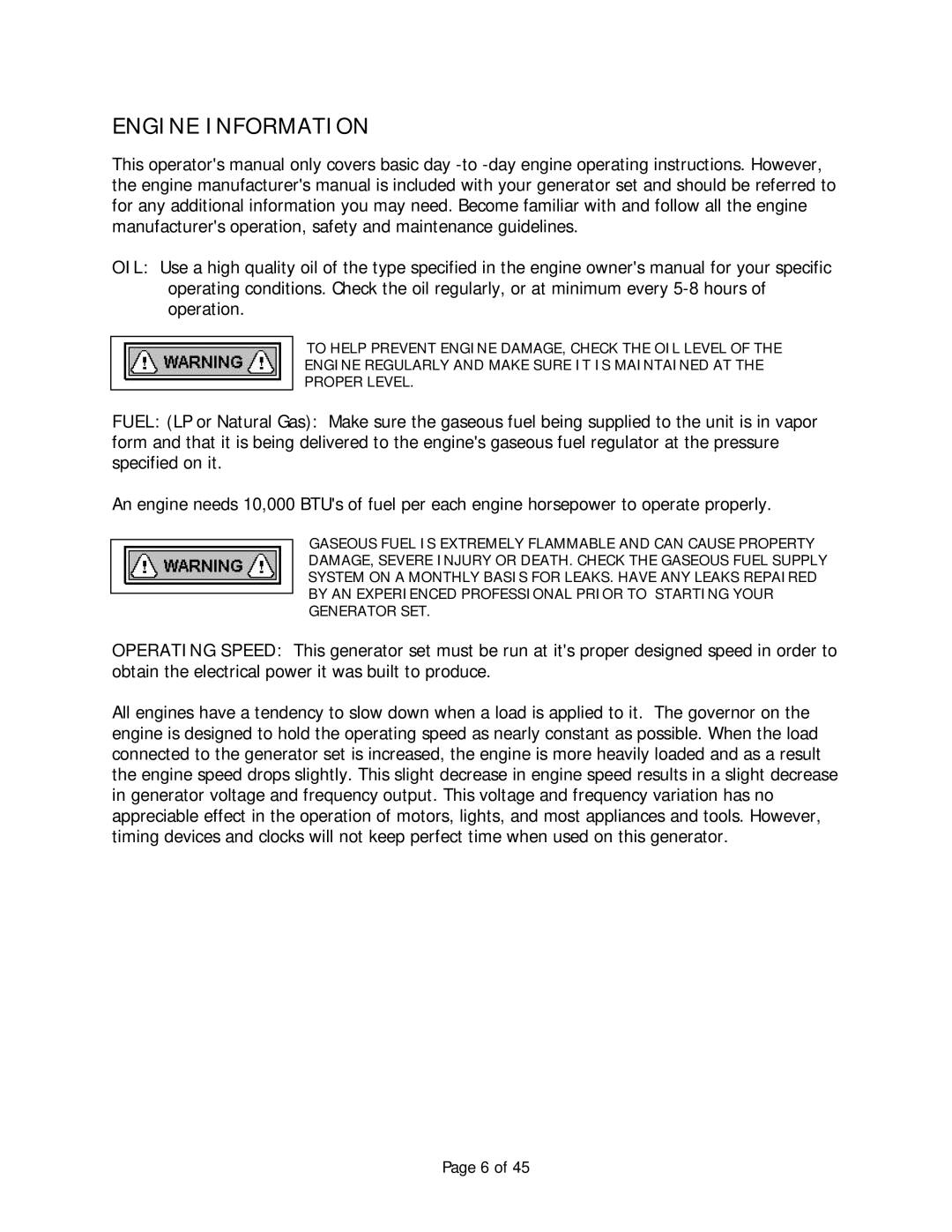 Baldor Automatic Emergency Pow'r Products, AE12 manual Engine Information 