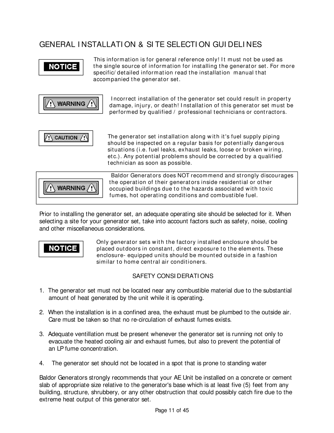 Baldor AE12, Automatic Emergency Pow'r Products General Installation & Site Selection Guidelines, Safety Considerations 