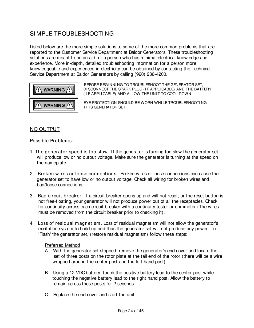 Baldor Automatic Emergency Pow'r Products, AE12 manual Simple Troubleshooting, Possible Problems 