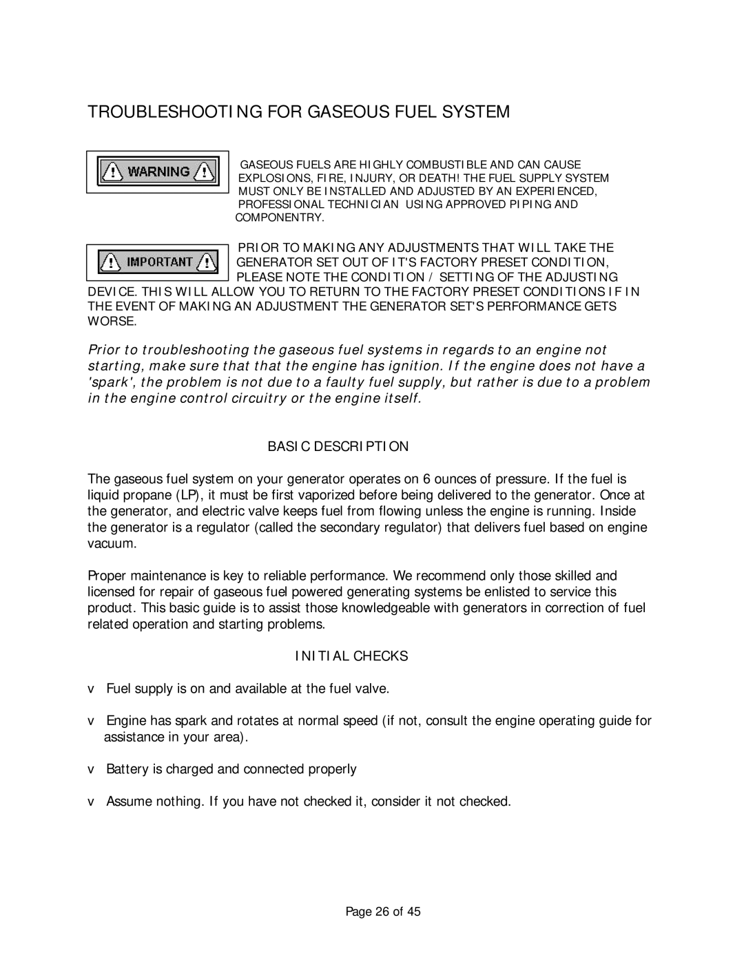 Baldor Automatic Emergency Pow'r Products, AE12 Troubleshooting for Gaseous Fuel System, Basic Description, Initial Checks 