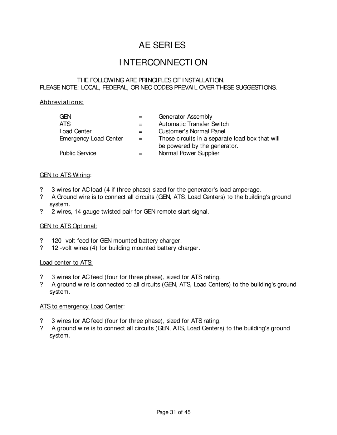 Baldor AE12, Automatic Emergency Pow'r Products manual AE Series Interconnection, Abbreviations 