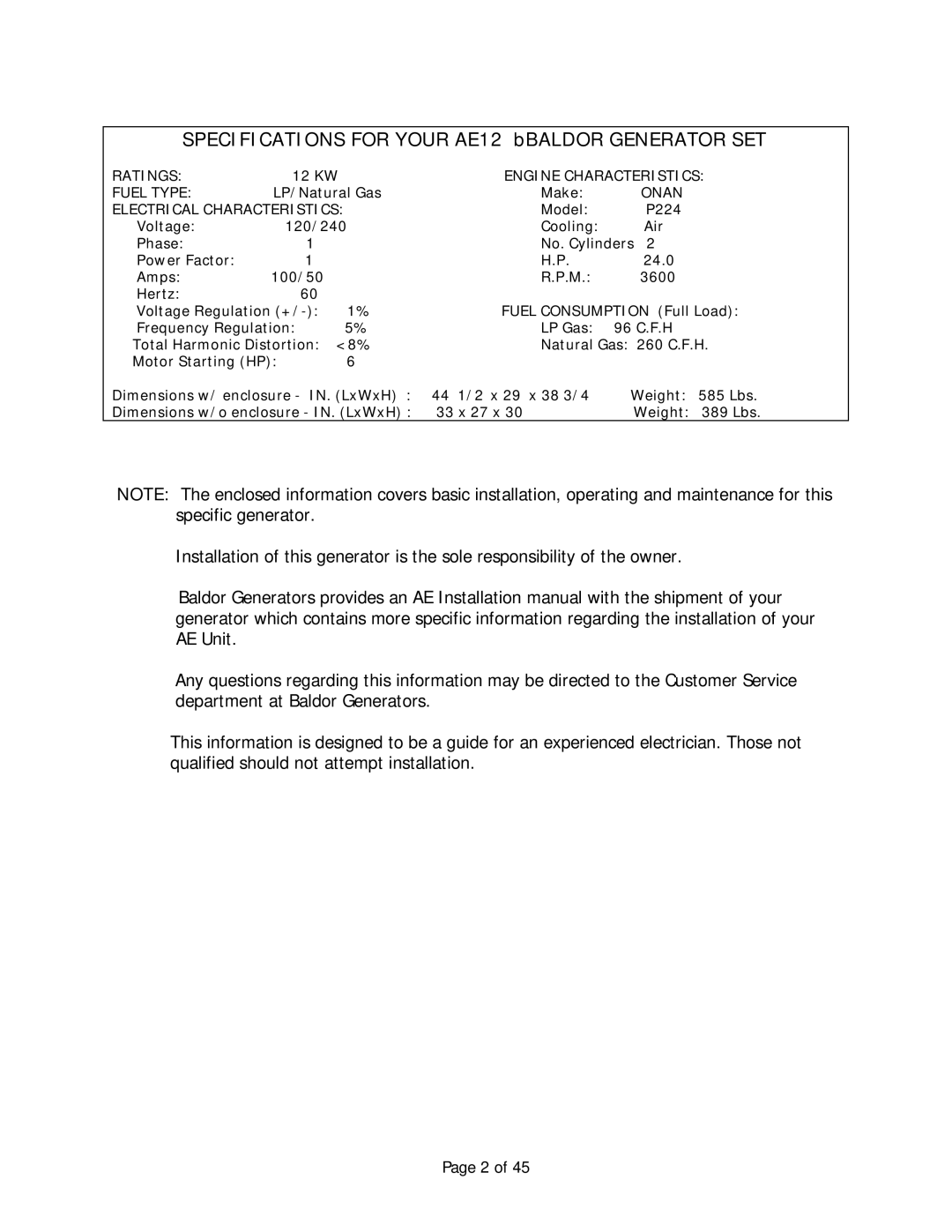 Baldor Automatic Emergency Pow'r Products manual Specifications for Your AE12 bBALDOR Generator SET 