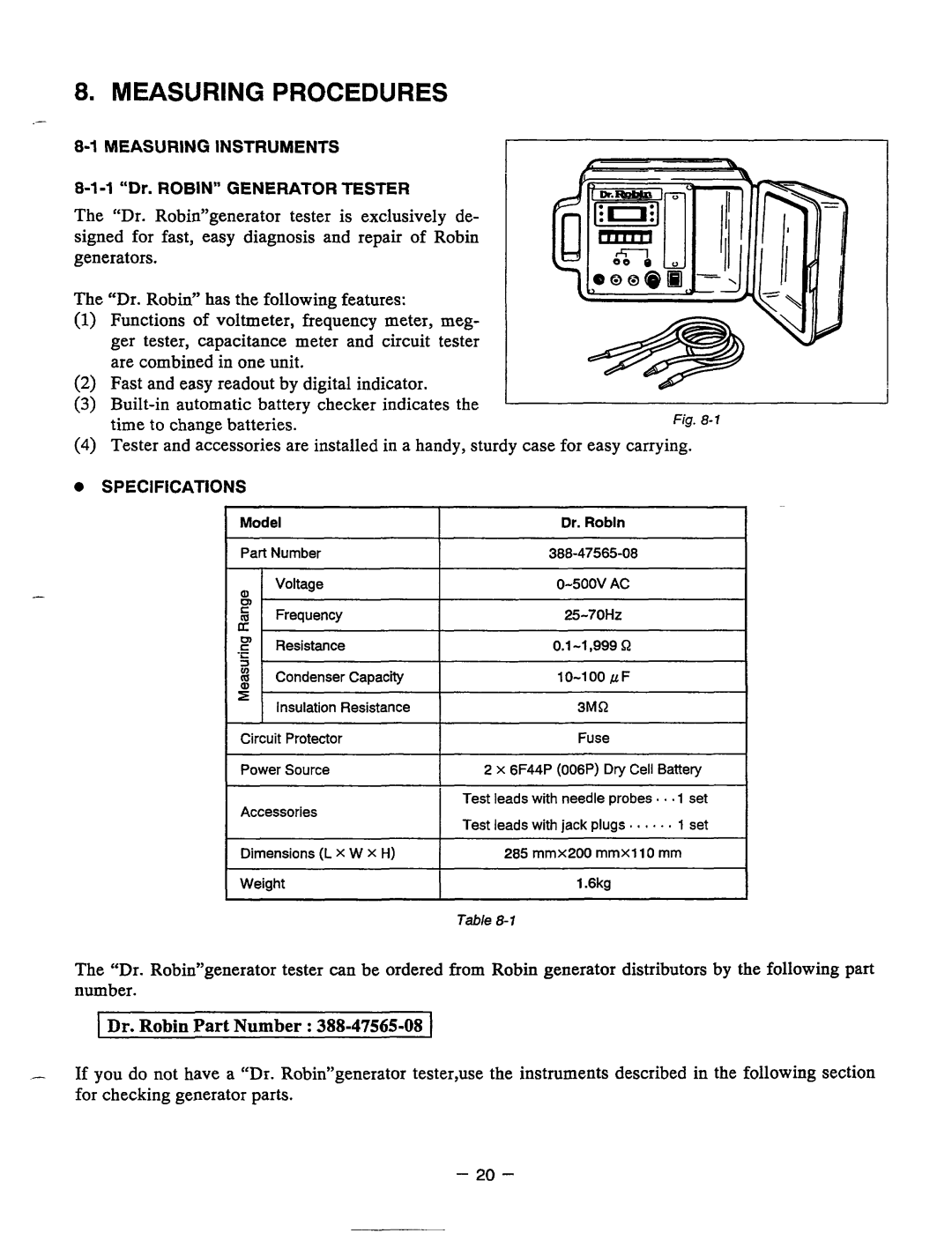 Baldor PC13R, BALDOR GENERATOR manual Measuringprocedures, I Dr. Robin Part Number 388-47565-08, time to change batteries 