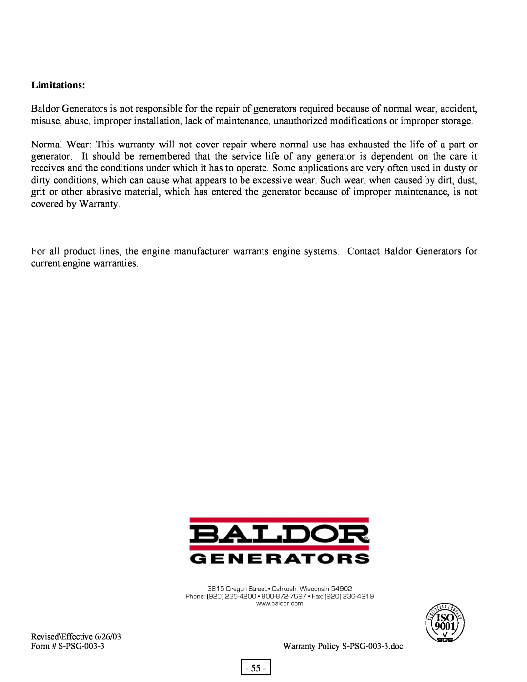 Baldor BALDOR GENERATOR, PC13R manual Limitations, Oregon Street Oshkosh, Wisconsin, Phone 920 236-4200 800-872-7697 Fax 920 