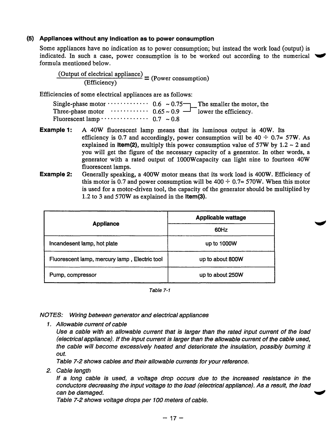 Baldor BALDOR GENERATOR, PC13R manual Appliances without any indication asto power consumption 