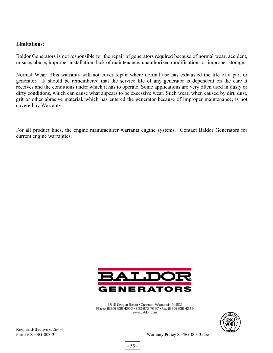 Baldor BALDOR GENERATOR, PC13R manual Limitations 