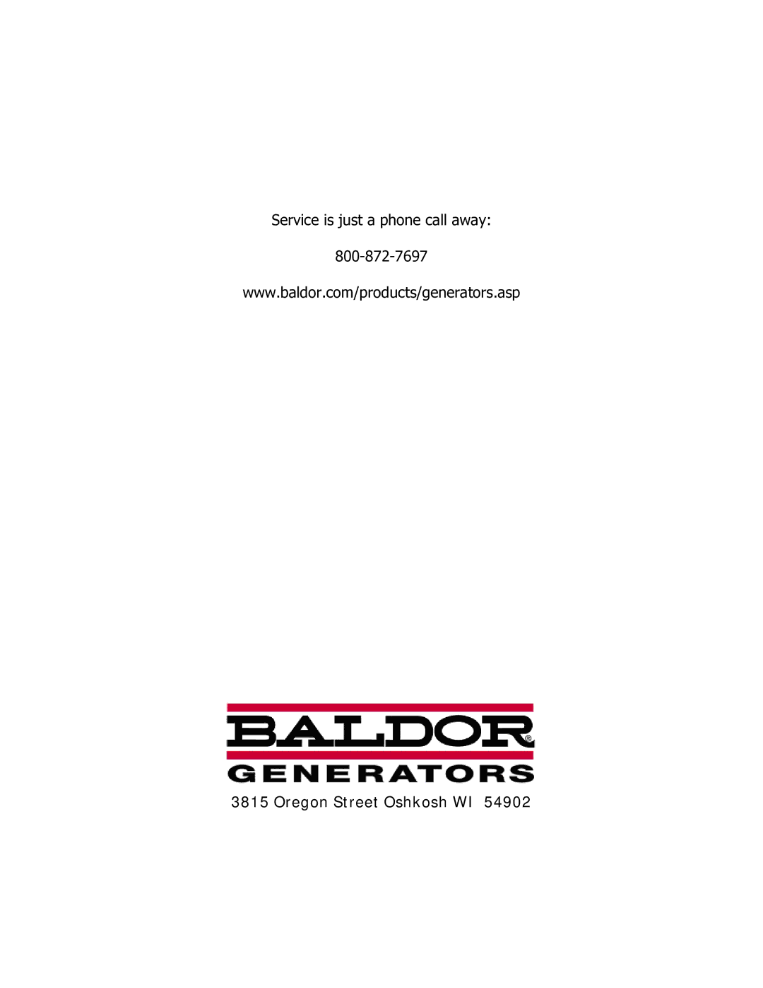 Baldor BALDOR GENERATOR, PC13R manual Oregon Street Oshkosh WI 