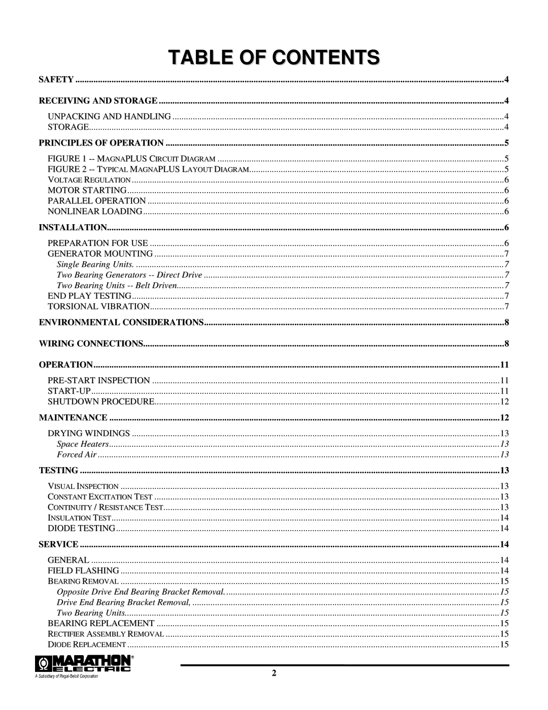 Baldor TS80, BALDOR GENERATORS, TS25, TS45, TS175, TS130 manual Table of Contents 