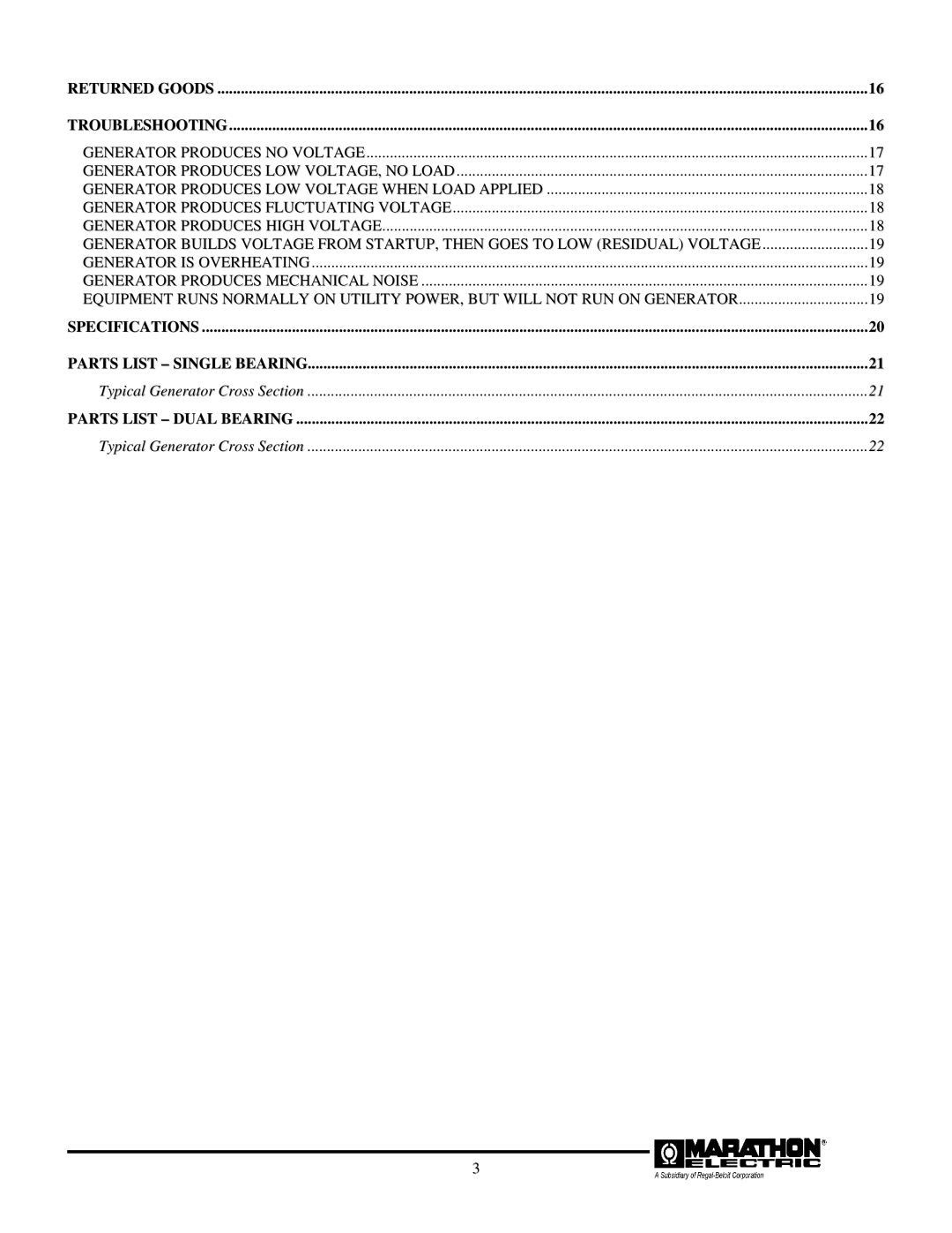 Baldor TS175, BALDOR GENERATORS, TS25, TS45, TS80, TS130 manual Specifications Parts List Single Bearing 