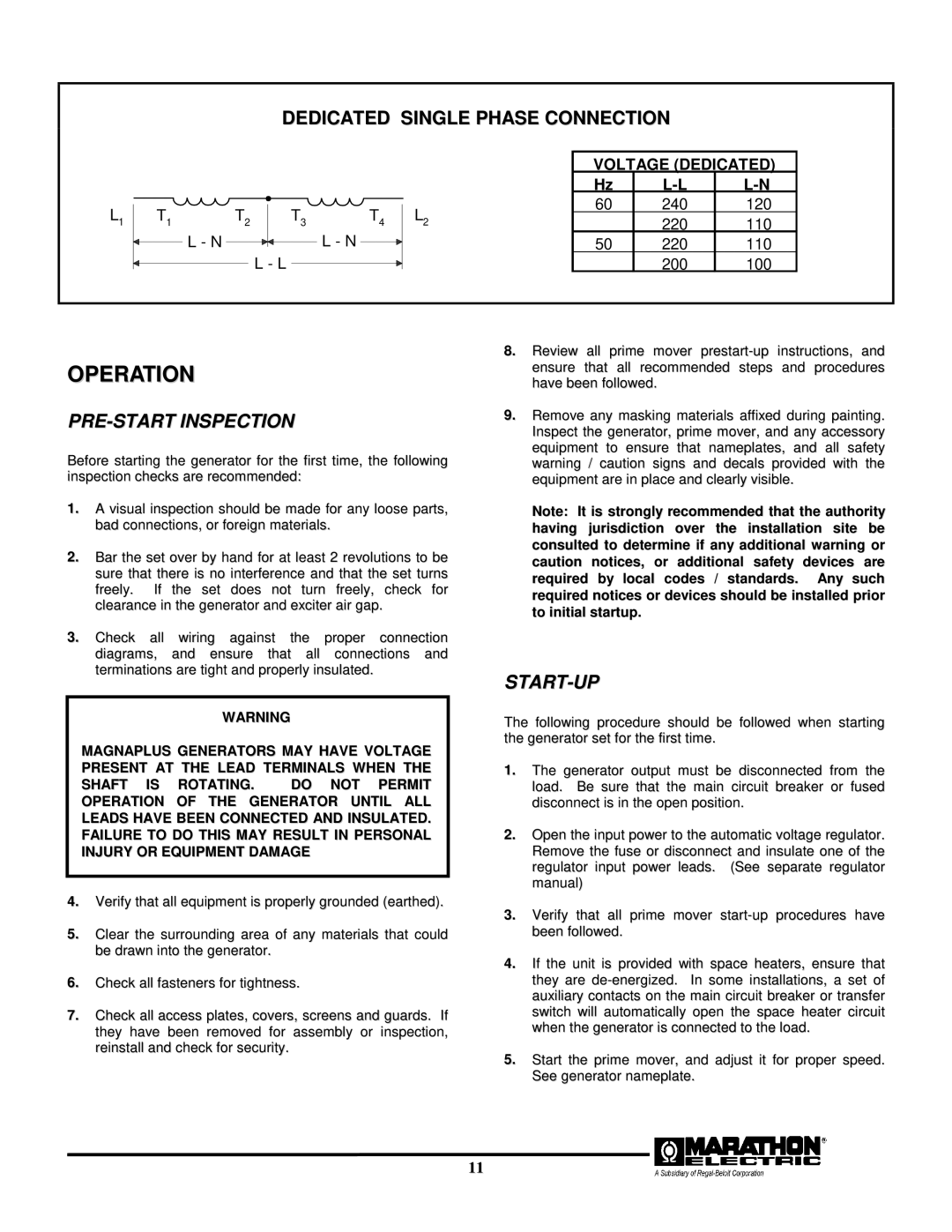 Baldor BALDOR GENERATORS, TS25, TS45, TS80, TS175, TS130 manual Operation, PRE-START Inspection, Start-Up 