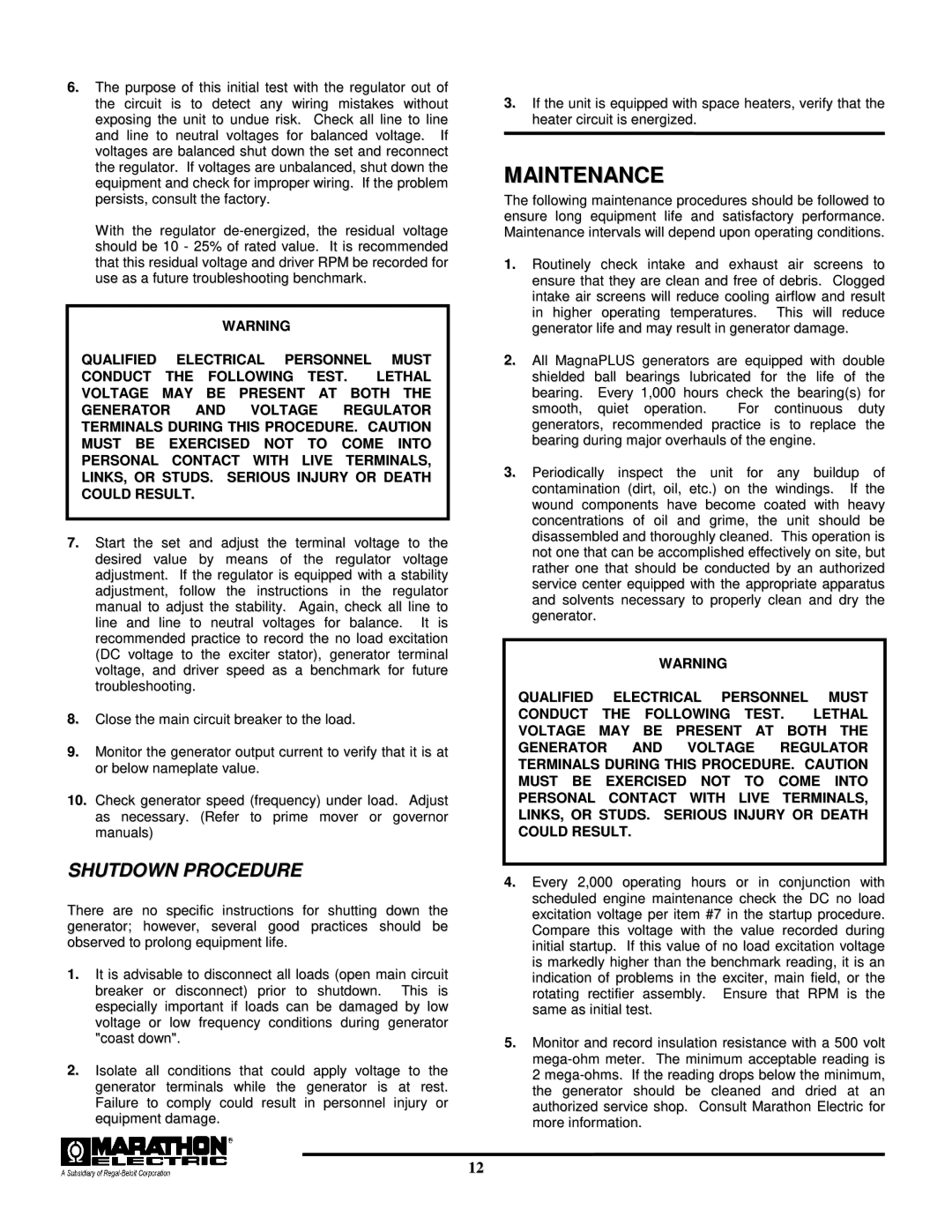 Baldor TS25, BALDOR GENERATORS, TS45, TS80, TS175, TS130 manual Maintenance, Shutdown Procedure 