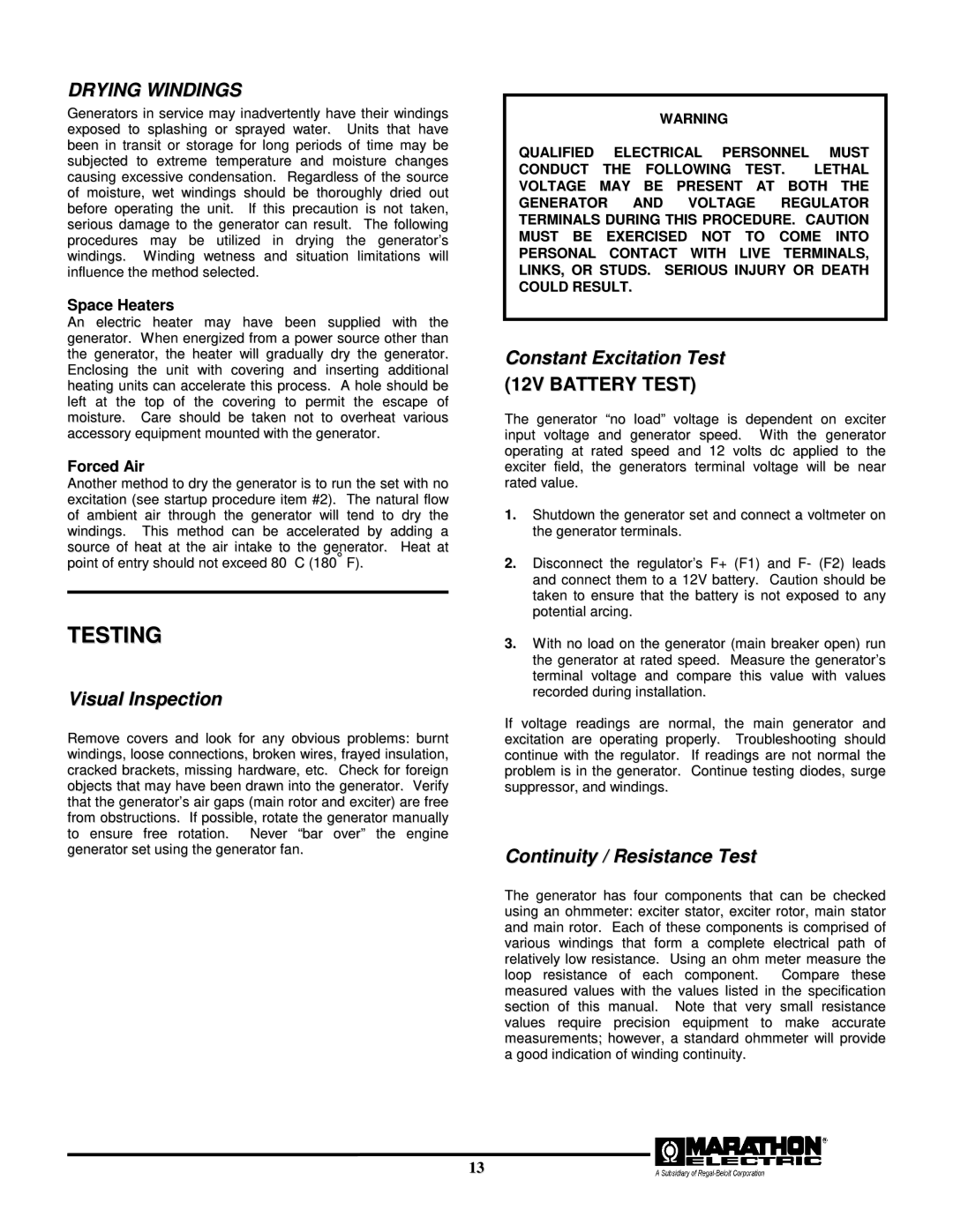 Baldor TS45, BALDOR GENERATORS, TS25, TS80, TS175, TS130 manual Testing, Drying Windings 